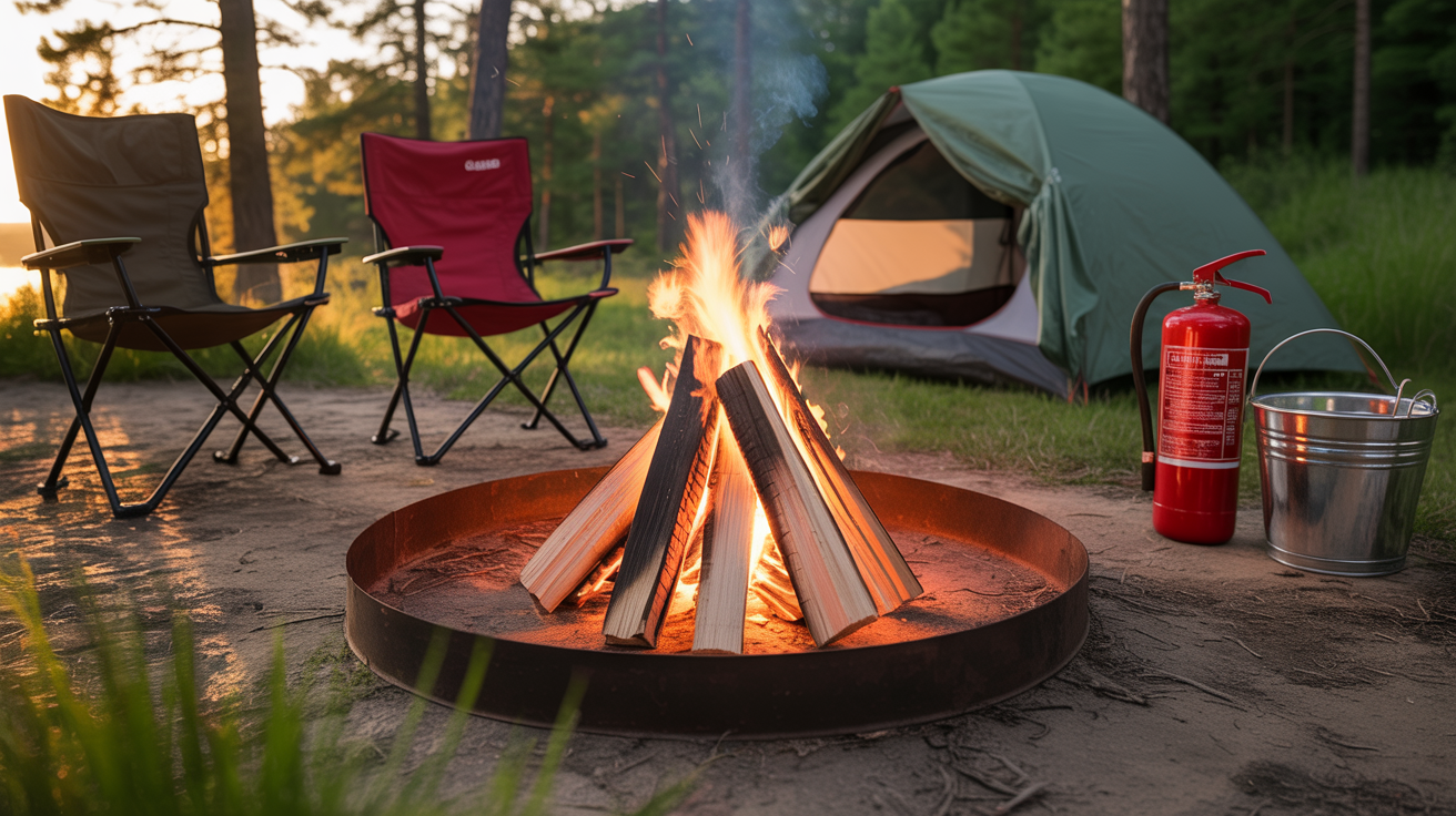 Outdoor camping scene with controlled campfire and safety equipment