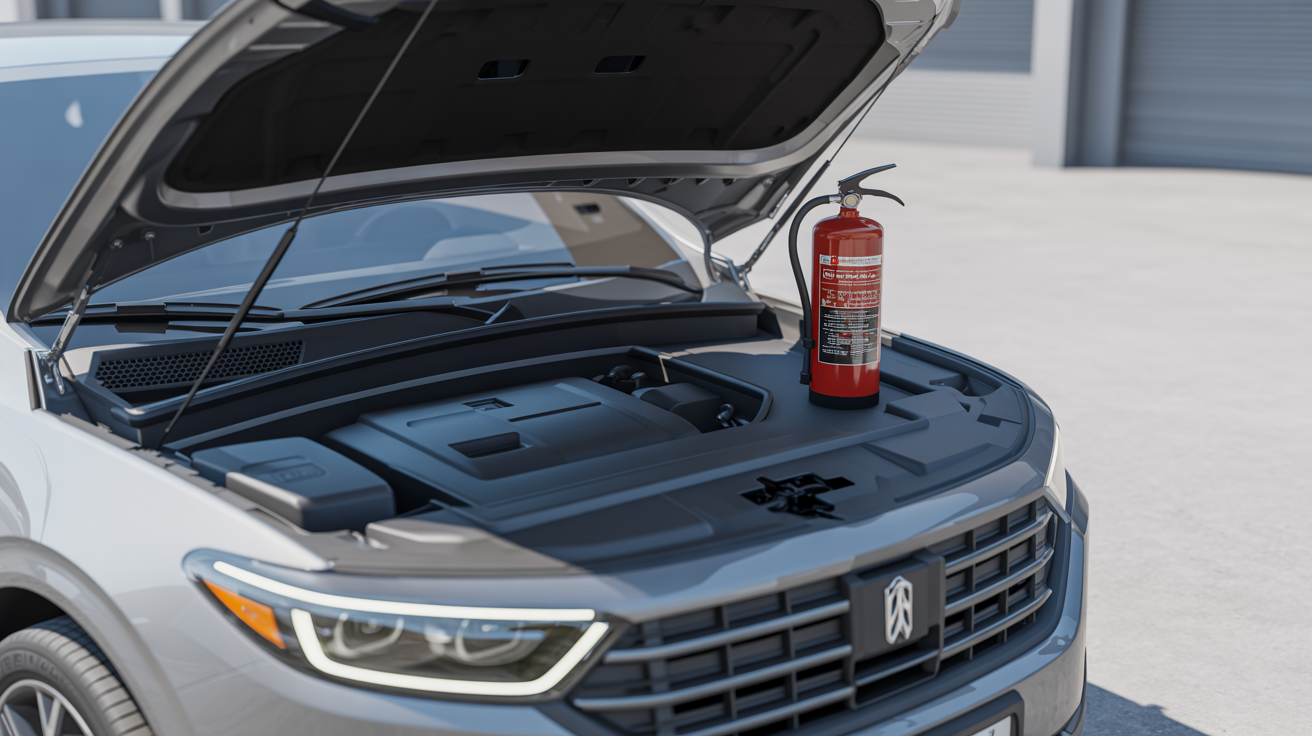 Vehicle fire safety with open hood showing engine