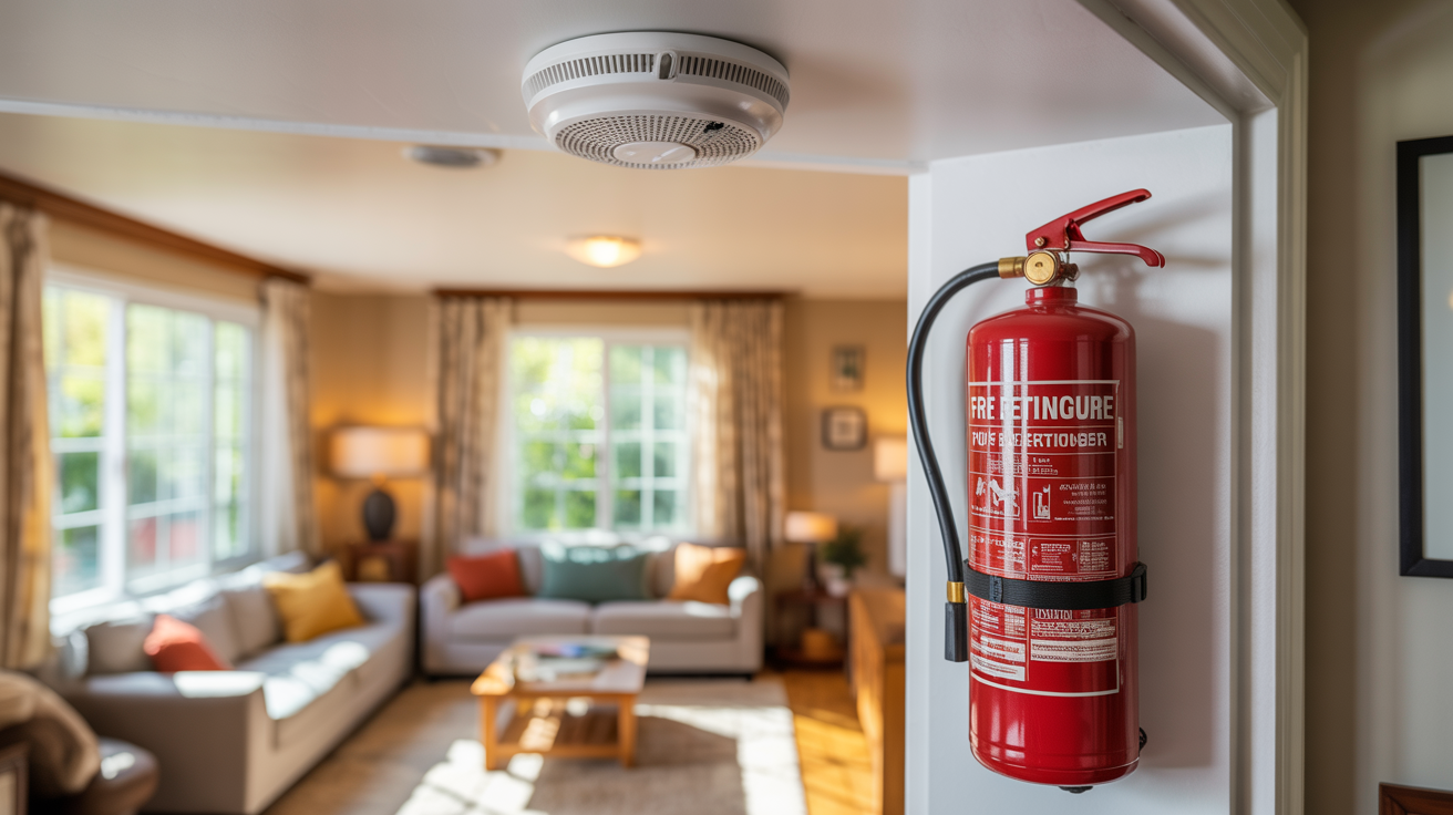 Home fire safety with smoke detector and fire extinguisher