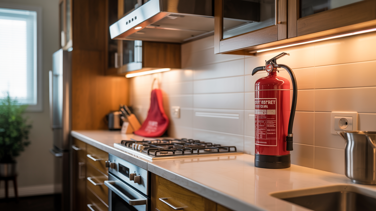 Modern kitchen with fire safety equipment